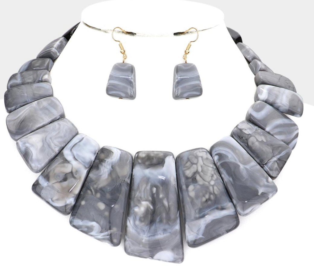 Black Grey Acetated Marble Printed Pebble Necklace