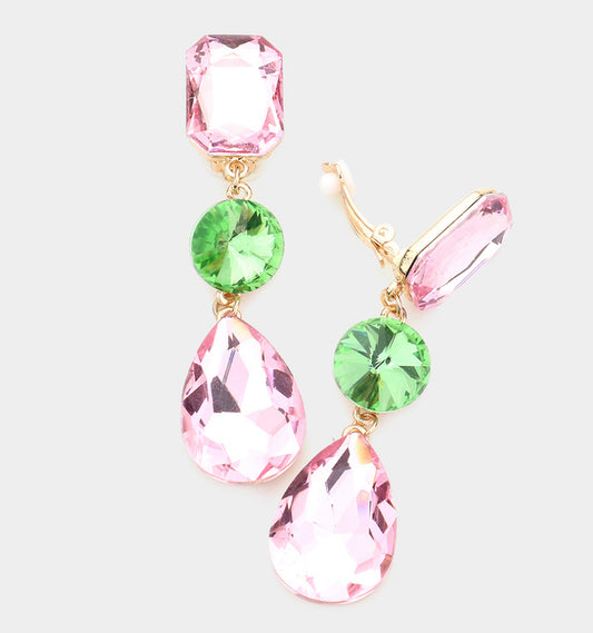 Triple Crystal Glass Earrings_Pink &Gree