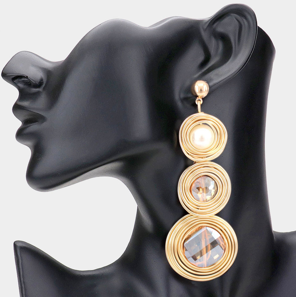 Pearl Round Bead Accented Triple Swirl Metal Wire Circle Dangle Earrings