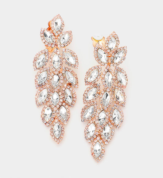 Rose Gold Marquise Crystal Oval Cluster Vine Clip On Earrings