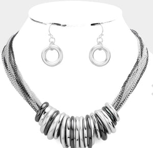 Silver Antique Metal O-Ring Stacked Necklace