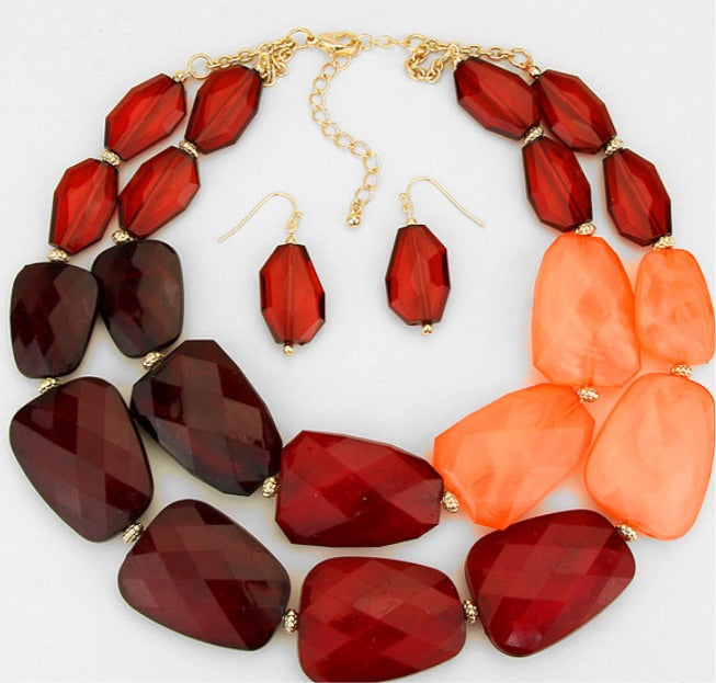 Gold Red_Tiered Resin Pebble Necklace