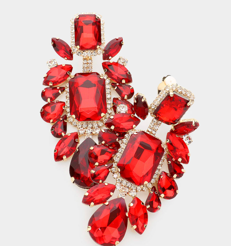 Red Multi Stone Embellished  Clip on Earrings
