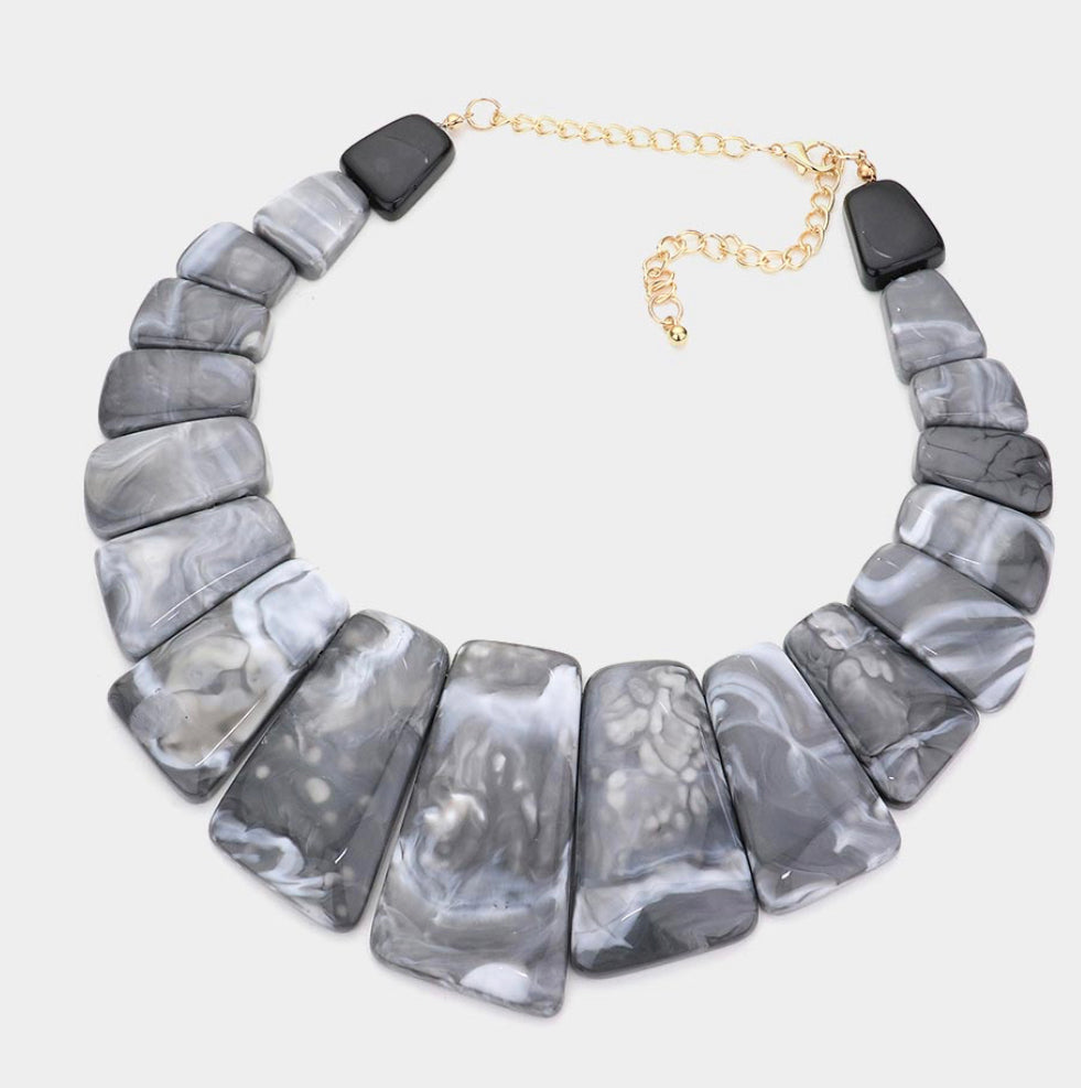 Black Grey Acetated Marble Printed Pebble Necklace