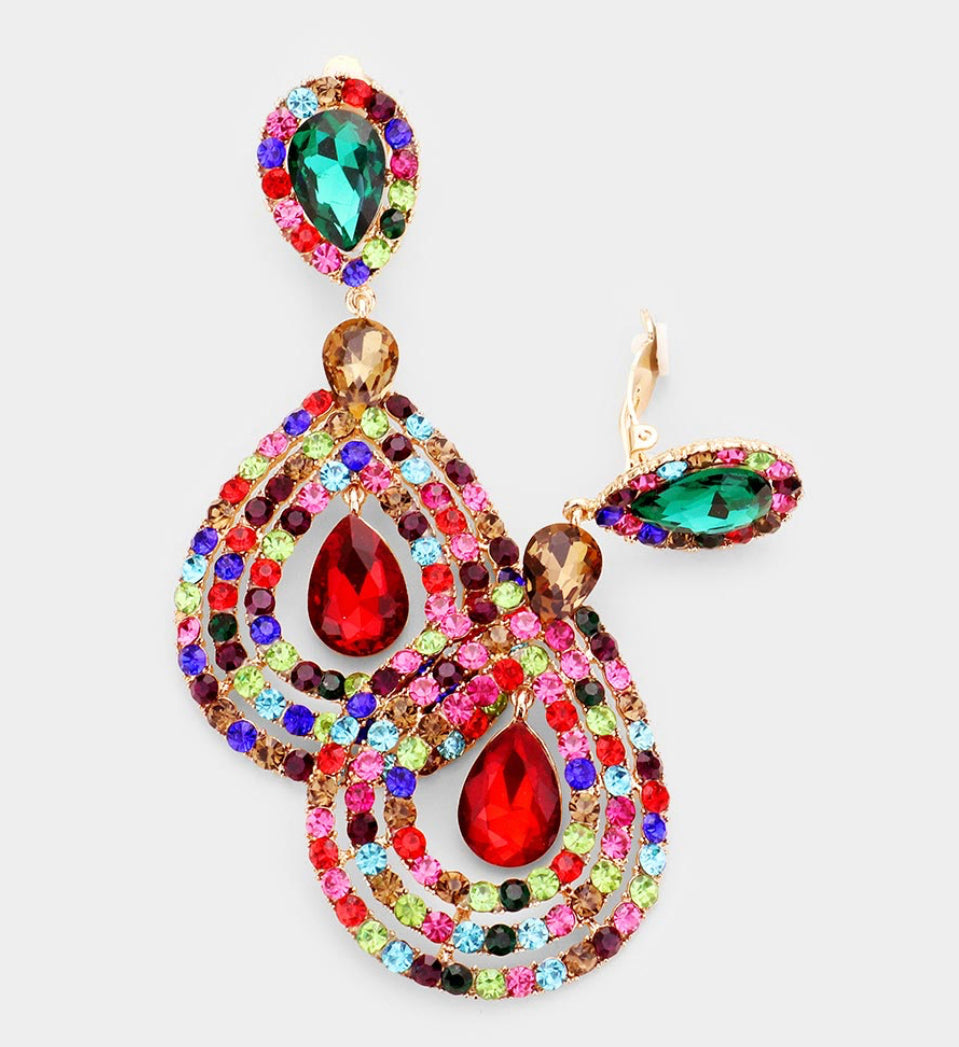 Multi Color Crystal Pave Trimmed Teardrop Clip On Earrings