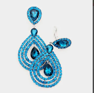 Blue Zircon Crystal Pave Trimmed Teardrop Clip On Earrings